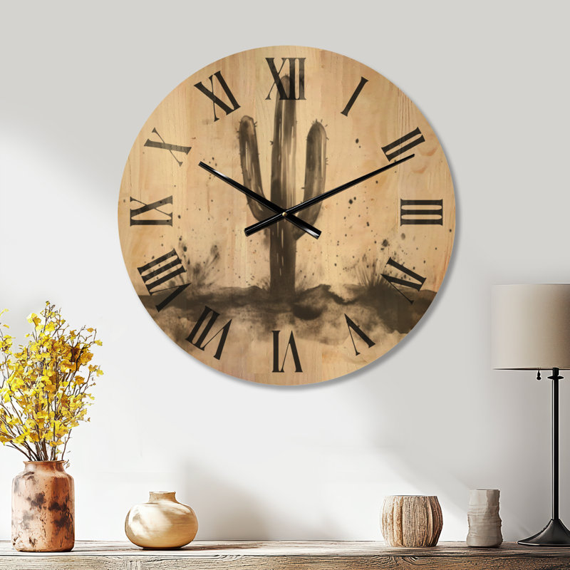 Très grande horloge murale en bois à imprimé botanique - silhouette de cactus minimaliste, Medium