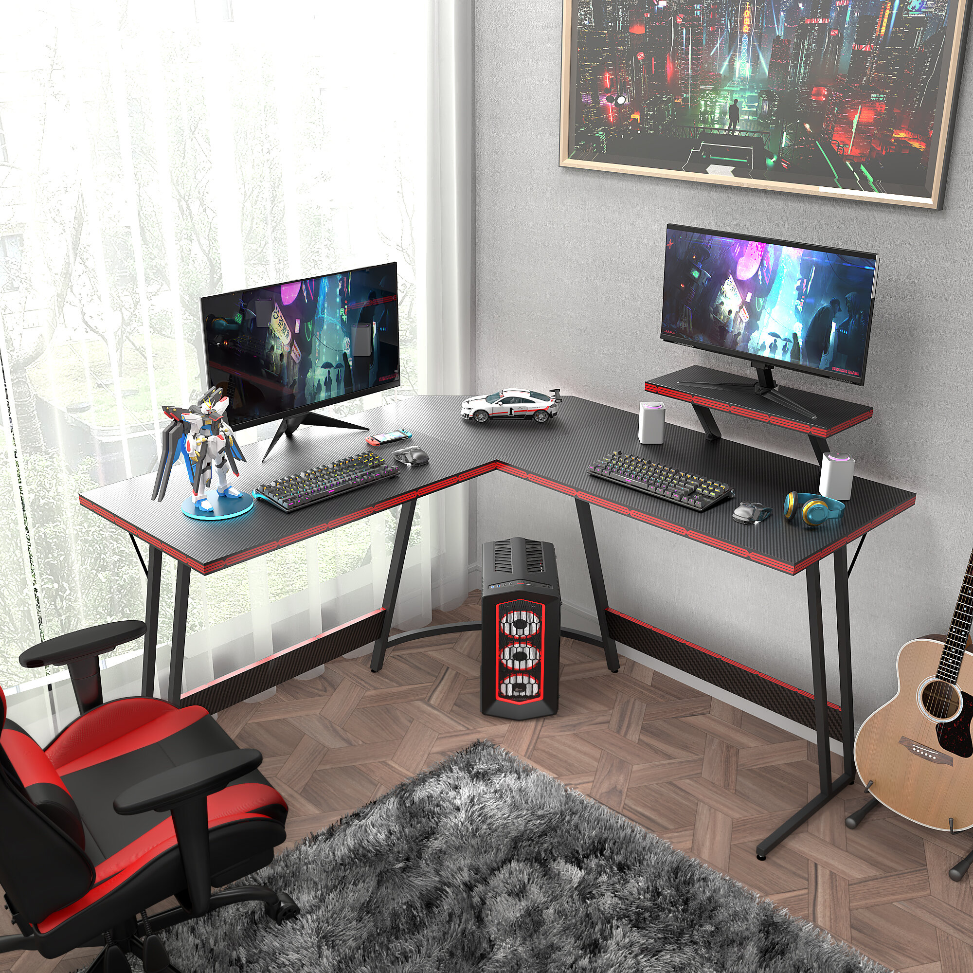 Gaming Desk 58 with LED Strip & Power Outlets, L-Shaped Computer