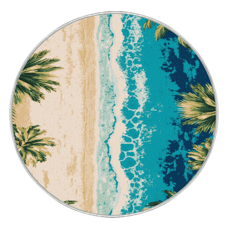 Washable Caribbean Beach Coastal Area Rug, Round 8'