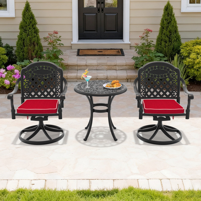 Ensemble de salle à manger 2 personnes 26,77 "avec trou pour parasol et 2 chaises pivotantes avec coussins rouges 26,77"