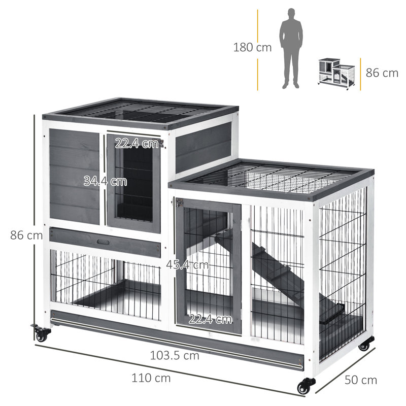 Campbell Wooden Indoor Rabbit Hutch Elevated Bunny Cage with Enclosed Run withWheel