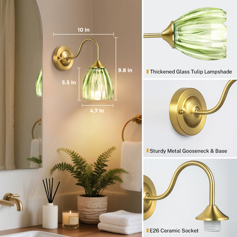 Battery Operated Wall Sconce Set Of 2, Vintage Green Tulip Glass Lampshade With 5000 Mah Rechargeable Wall Sconces, Battery Powered Wall Lights Dimmable With Remote Control For Bedroom