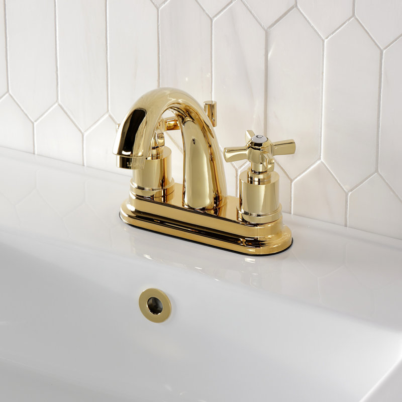 Kingston Brass Millennium Two-Handle 3-Hole Deck Mount 4" Centerset Bathroom Faucet with Brass Pop-Up, Polished Brass