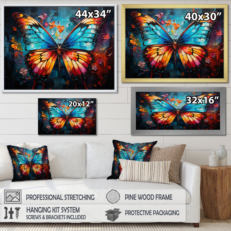 «Intense Hues Celebrate The Butterflies I», reproduction d'art sur toile, Cadre flottant noir, 34" H x 44" W