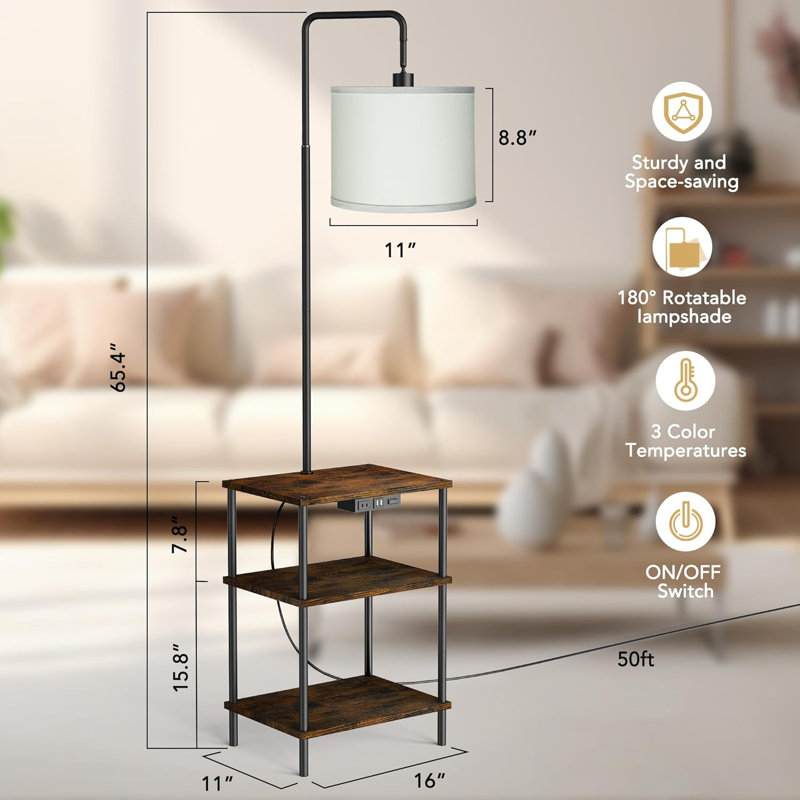 Floor Lamp With Side Table, 3-Tier Shelves, USB & AC Charging Station, Magnetic Remote Control, Stepless Dimmable LED Bulb, Adjustable Color Temperature, Rustic Brown For Living Room, Bedroom