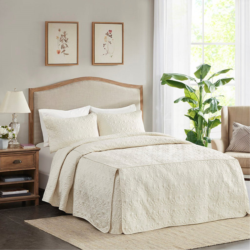 Couvre-lit plissé 3 pièces, Crème, Couvre-lit pour grand lit + 2 taies décoratives
