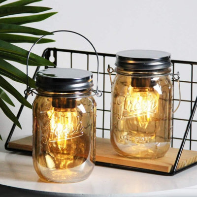 Outdoor Mason Jar Lights Hanging, 2-Pack LED Decorative Garden Lanterns With Timer, Battery Operated Vintage Glass Light For Patio Camping Courtyard Backyard Tree Hallway Stairs Farmhouse (2*)