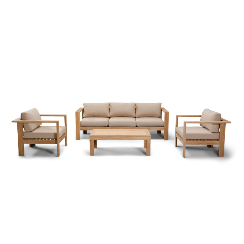 Ando 4 Piece Teak Sofa Seating Group with Sunbrella Cushions, 4 Pcs: Table, Sofa, 2 Chairs, Cast Silver Sunbrella®