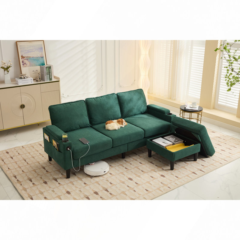 Sectional Sofa, Combo Totally KD 3-Seater Sofa With Storage Ottoman Stool For Living Room Apartment And Bedroom, Green