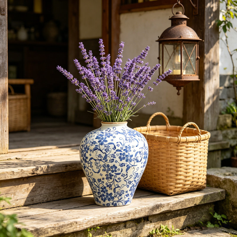 9,1 x 11 po Vase en céramique de style Ming bleu floral blanc vieilli