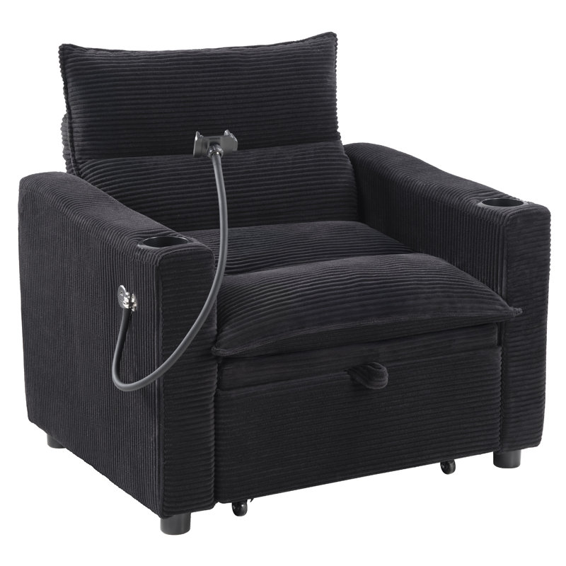 36.14'' Wide Modern Convertible Sleeper Sofa Bed With Phone Holder And Cup Holders, Black