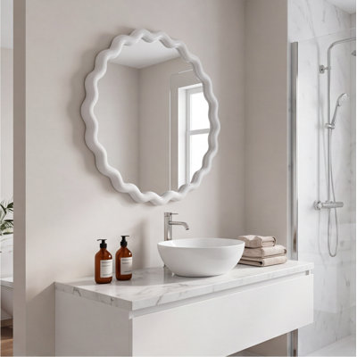Miroir mural blanc festonné rond, cadre crème ondulé - Miroir mural décoratif pour le salon, la chambre à coucher, la salle de bain