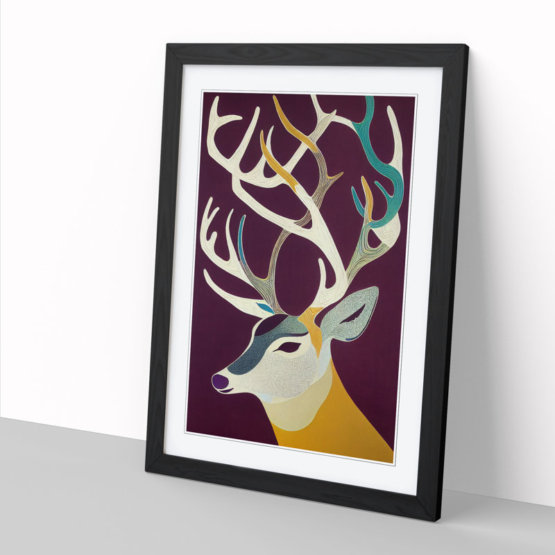Retro Art Deer - Single Picture Frame Print, Walnut, 64cm H x 46cm W x 2cm D