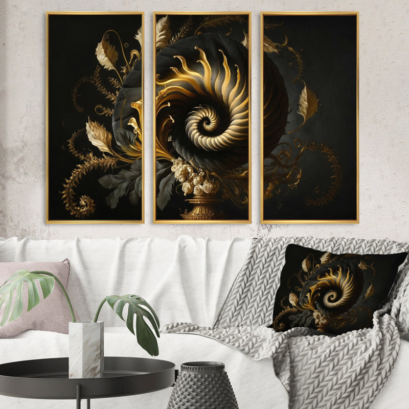 A Black and Gold Spiral Flower I - 3 pièces, reproduction sur toile, H 32 po x l 48 po x P 1 po, Or