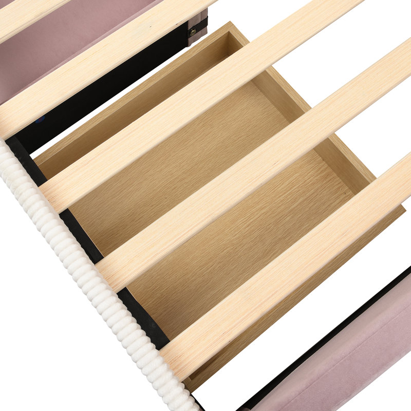Lit bas tapissier avec tablette de rangement et tiroirs, Lit simple, Pink;White