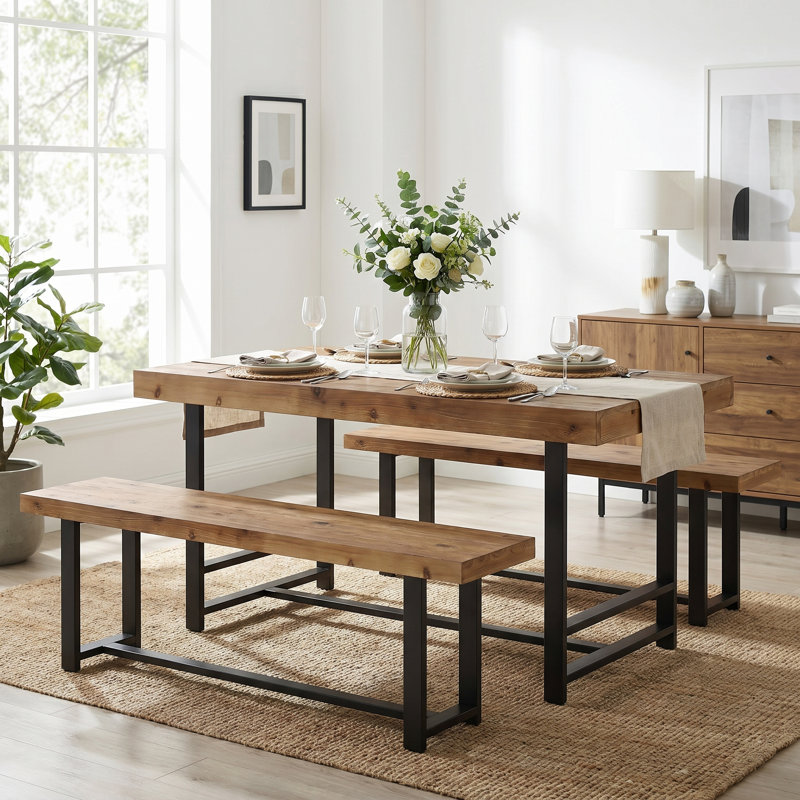 4-Person Solid Wood Dining Table Set, 3-Piece Dining Table With 2 Dining Benches For Kitchen