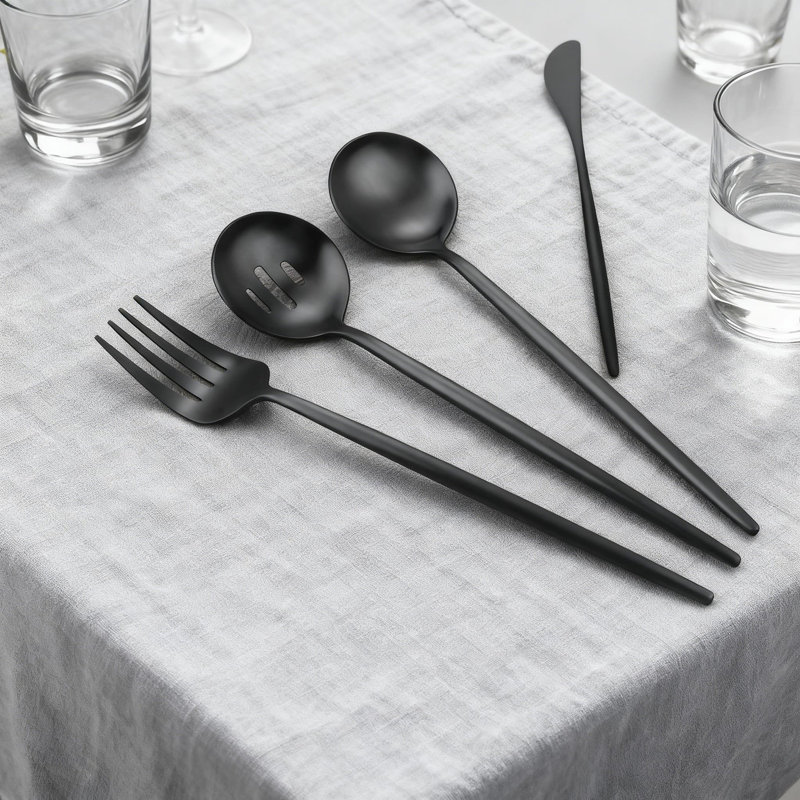 Ensemble de service 5 pièces en acier inoxydable avec finition satinée, lavable au lave-vaisselle, comprenant une grande cuillère, une fourchette, un couteau à beurre, une cuillère à sucre et une cuillère rainurée