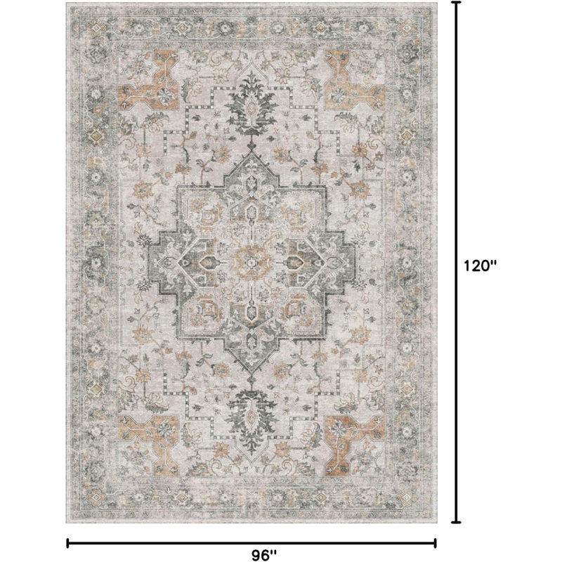 Area Rugs For Living Room, Machine Washable Non Slip Vintage Rugs, Low Pile Lightweight Chenille Print Rug For Bedroom, Dining Room, Home Office, Light Taupe
