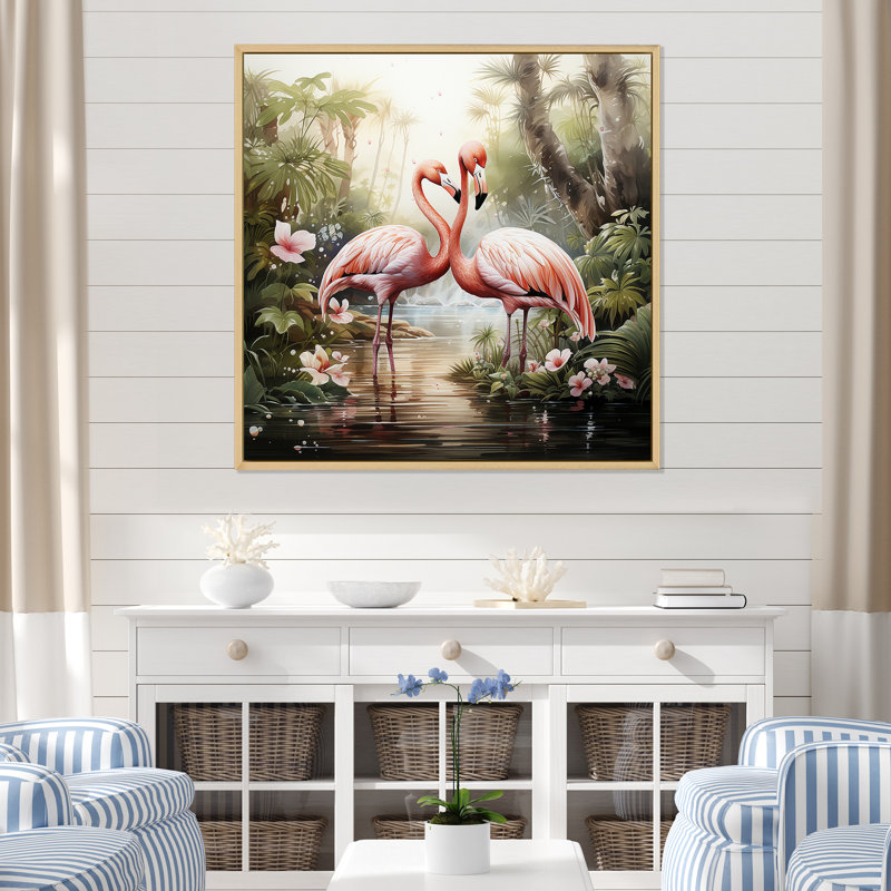 «Tropical Love», art mural flamants roses, Cadre flottant brun, H 16 po x l 16 po x P 1 po