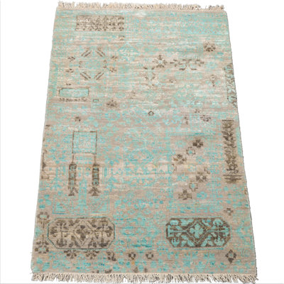 2'x3' Turquoise Tibetan Abstract Wool and  Silk Oriental AreaRug