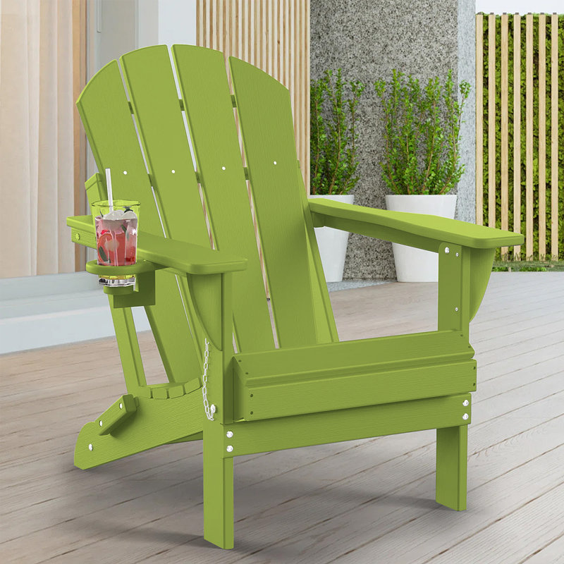 Hayfield HDPE Outdoor Foldable Adirondack Chair with Cup Holder Weather-Resistant , Bright Green