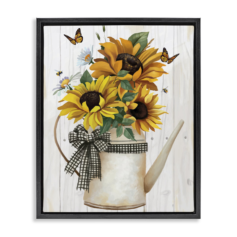 Trio de tournesols dans un cadre flottant pour arrosoir, design par Lucca Sheppard, H 31 po x l 25 po