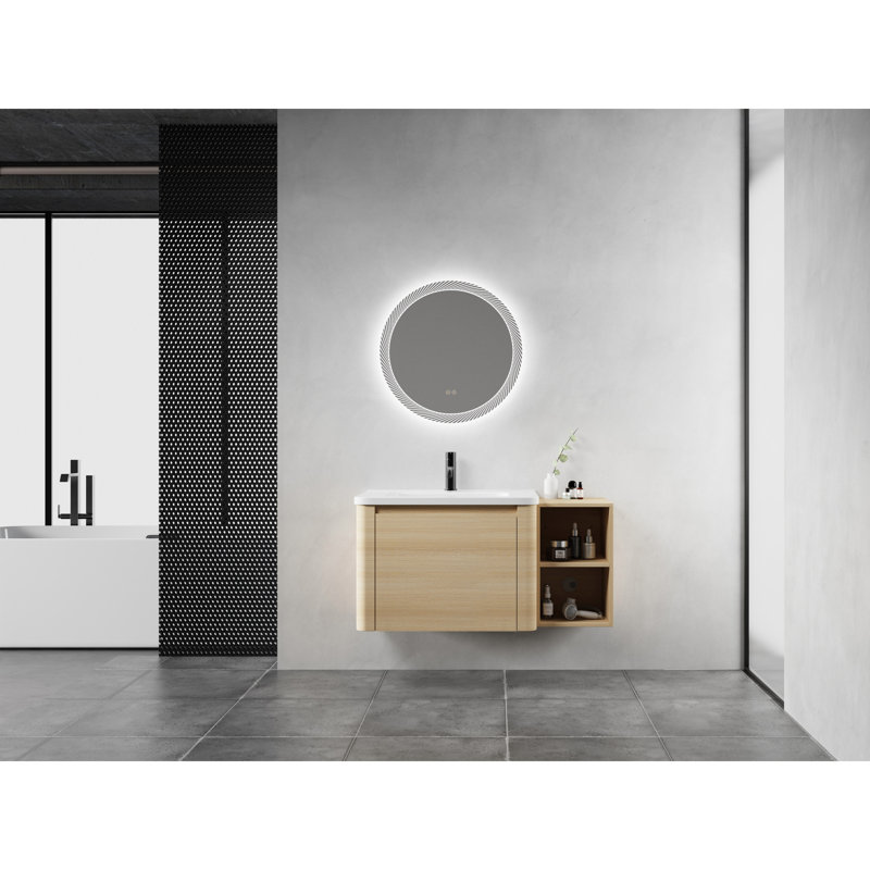 Meuble-lavabo mural moderne avec lavabo en céramique, rangement, finition chêne