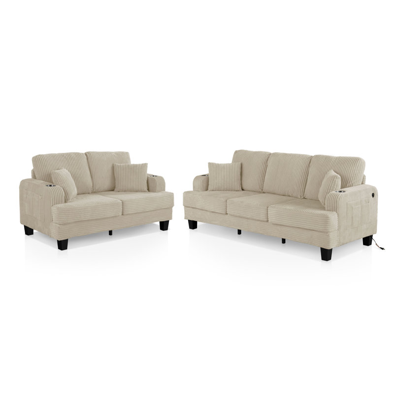 Luka 2-Piece Chenille Sofa Set, Beige, 2 Pcs: Sofa, Loveseat