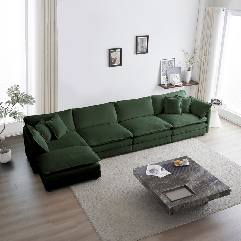 Canapé modulaire modulaire pour le salon, canapé en U convertible 5 places avec 1 repose-pieds, chenille, Vert
