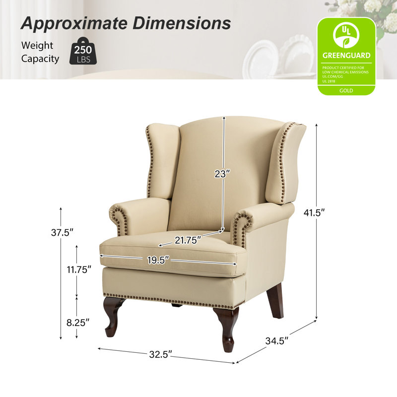 Anapatricia 32.5'' W Genuine Leather Wingback Armchair with Nailhead Trim, Beige Genuine Leather