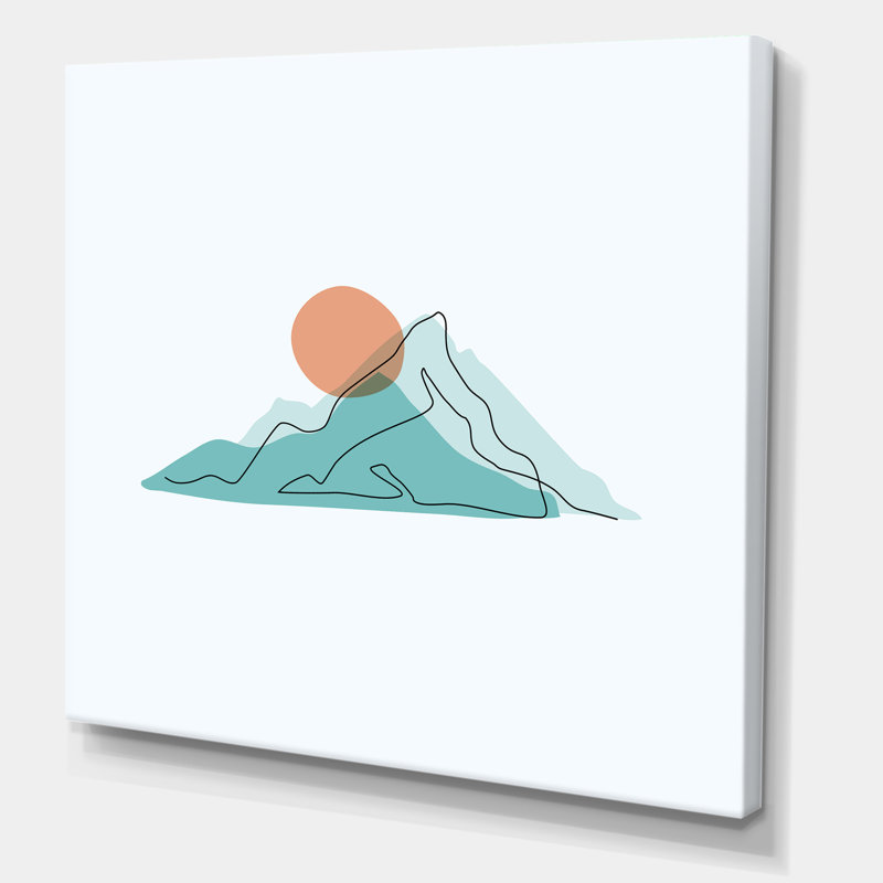 Lune rouge sur les montagnes bleues abstraites II - peinture sur toile, H 16 po x l 16 po x P 1 po, Toile tendue
