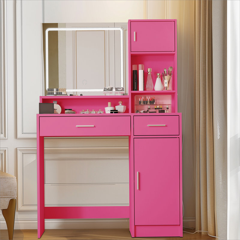 Vanity Desk With Mirror And LED Light Strip,Dressing Table With Large Drawer, 3 Level Storage Dresser & 3 Lighting