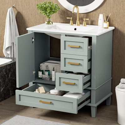 Meuble-lavabo 30 po avec poignées dorées - porte à fermeture en douceur + 3 tiroirs gradués, lavabo en céramique blanche. Structure en bois massif, plateforme de robinet 4 po