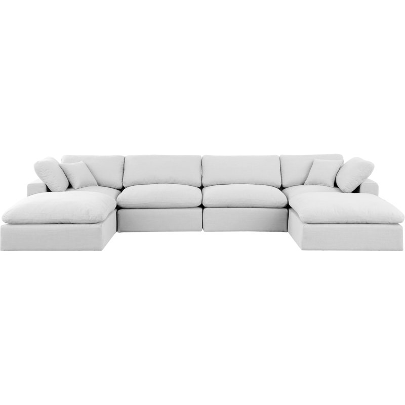 Huerres Upholstered U-Shaped Sectional Reversible, White Linen Textured Fabric