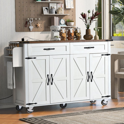Îlot de cuisine 53,5 po avec prise de courant, îlot de rangement pour cuisine avec abattant, support à épices et tiroir, chariot de cuisine sur roulettes, pour la maison, la cuisine et la salle à manger, blanc