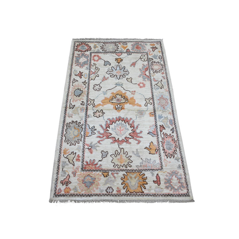 Tapis oriental noué à la main 3 pi x 4 pi 9 po, teinture naturelle, 100% laine, angus afghan Oushak avec motif de feuilles colorées