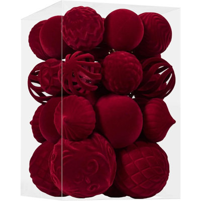 Velvet Christmas Ball Ornaments, Flocked Shatterproof Hanging Tree Decorations, Burgundy Holiday Décor Set