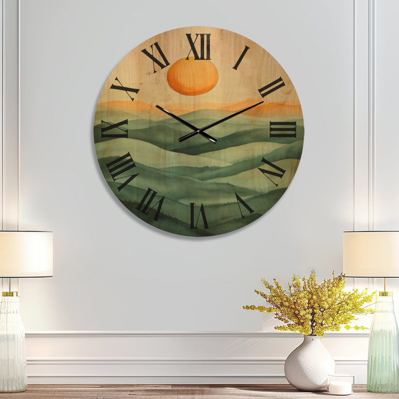 Horloge murale silencieuse en bois Emerald Hill Sun, style milieu du siècle., Medium