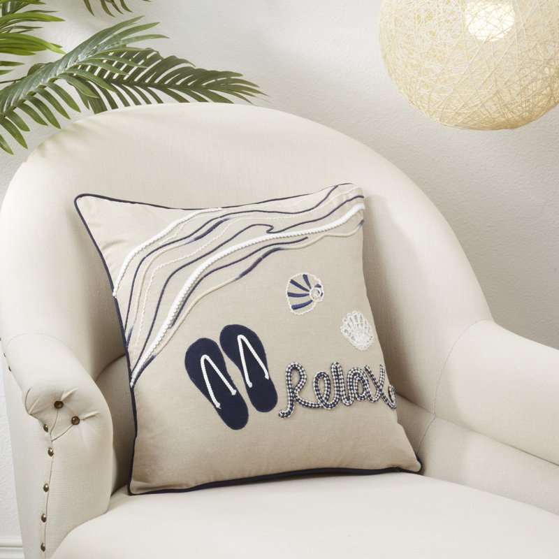 18" Blue Beige Cotton Embroidered Coastal Throw Pillow