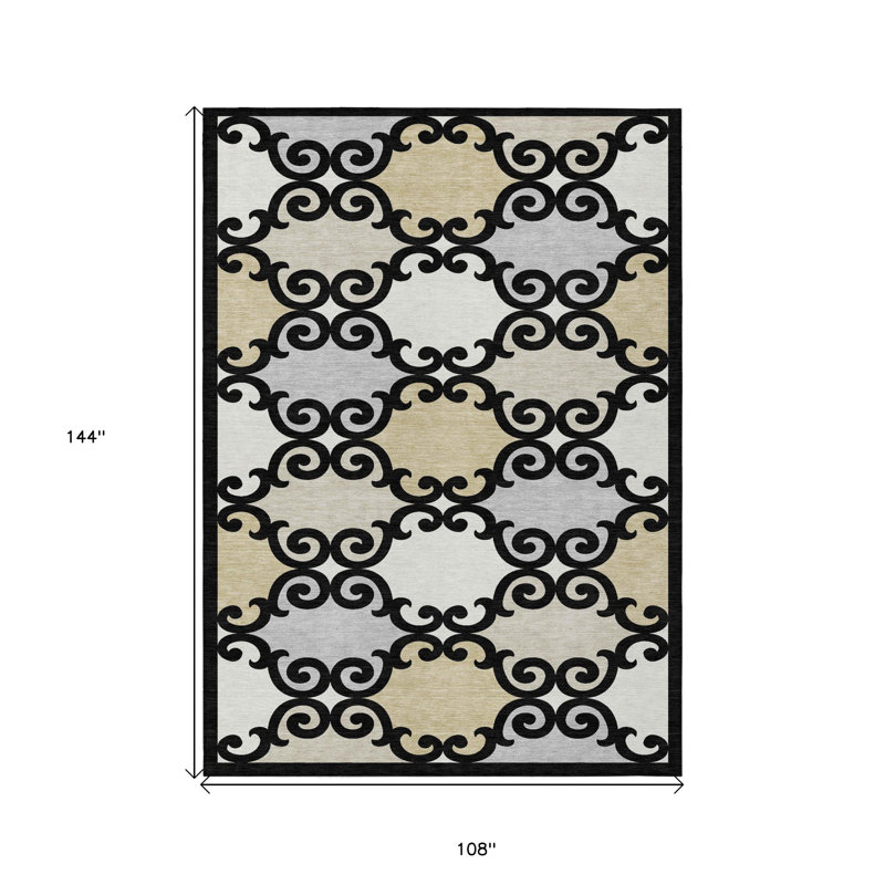 9' X 12' Black Grey And Ivory Trellis Washable Indoor Outdoor Area Rug