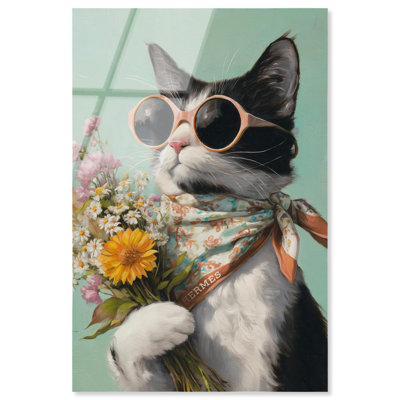 «Cat with Bouquet», reproduction d'art acrylique sur toile par Art Remedy, prête à être accrochée, 16 x 24