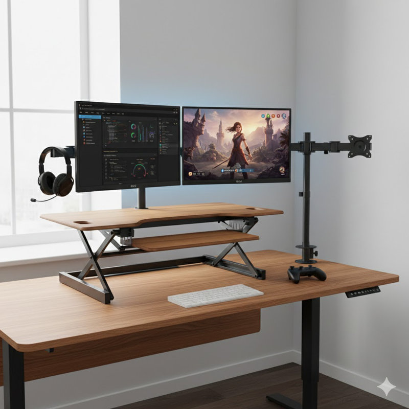  Convertisseur de bureau debout réglable en hauteur 46 po avec support pour écran double et plateau pour clavier profond beige