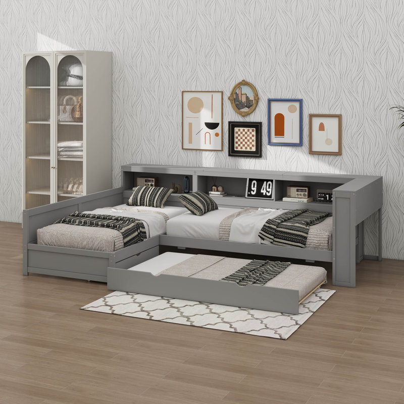 Twin-Sized L-Shaped Bed Frame With Trundle And One Drawer, Gray