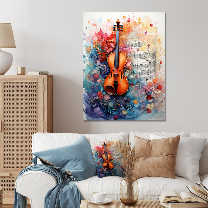«Brown and Blue Classic Violin Music - Violon», art mural en métal, H 32 po x l 16 po x P 1 po