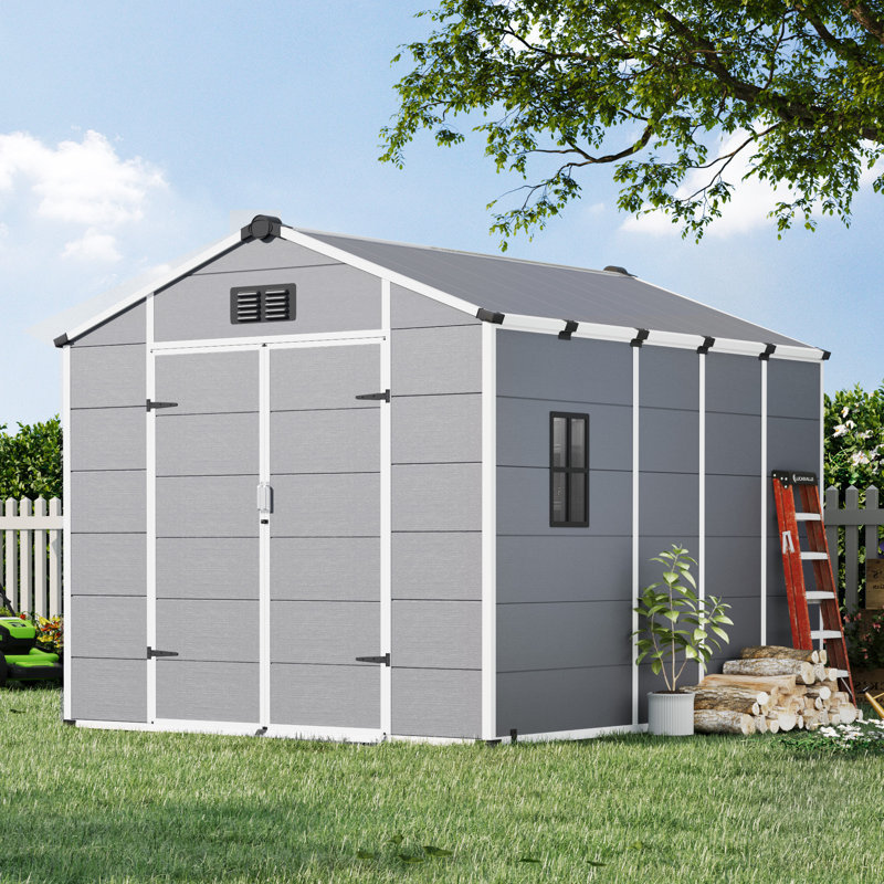 Outdoor Storage Shed, Resin Garden Tool Shed with Lockable Double Doors, Built-In Floor & Weather-Resistant Sloped Roof for Backyard Storage, Pool Supply