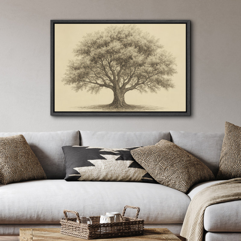 Arbre classique, dessin, nature, élégance rustique, décor de ferme, impression sur toile encadrée, H 16 po x l 24 po