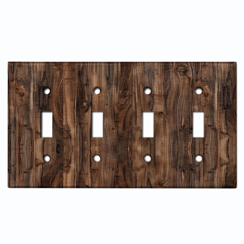 Couvercle de plaque d'interrupteur en métal; Bascule standard à 4 bandes US - image imprimée de bois rustique, #4 Quad Toggle