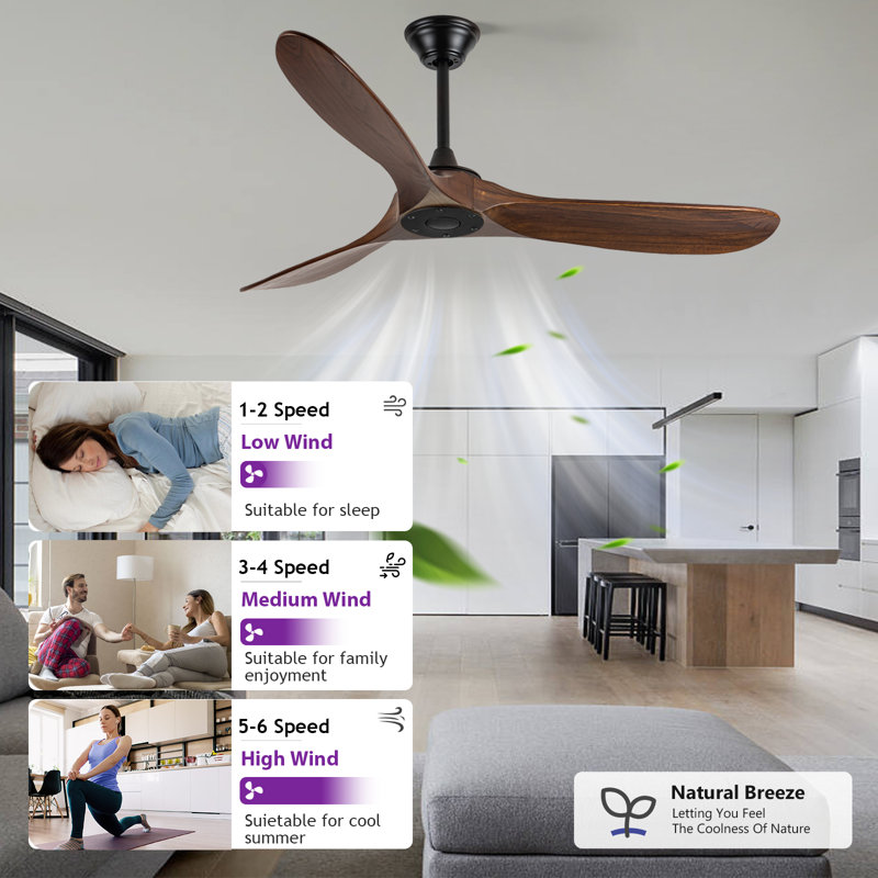 Solid Wood Ceiling Fan With Remote,3 Blade Reversible Dc Motor, Quiet Cooling For Living Room Or Bedroom, 132cm, Walnut