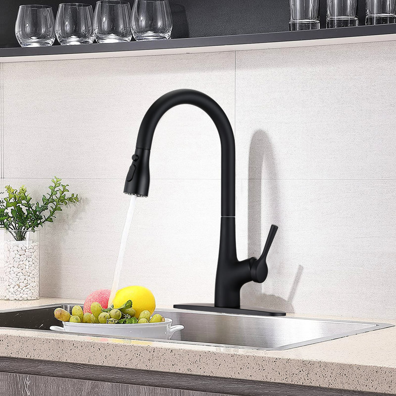 Scratch Kitchen Faucet In Matte Black With Three Function For Outdoor Places Pull Down Resistance And 8.03" Spout Reach Homes
