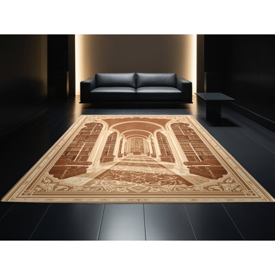 Tapis oriental brun doux et moelleux à motif de bibliothèque et intérieur beige